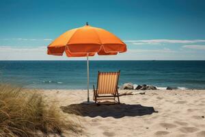 Chaise Lounges auf das Strand mit ein Orange Regenschirm, Sommer, Sohn, Strand und meer Ich bin Urlaub, ai generiert foto