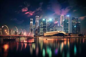 Singapur Stadt Horizont beim Nacht mit städtisch Wolkenkratzer und Brücke, Singapur Stadt beim Nacht, ai generiert foto