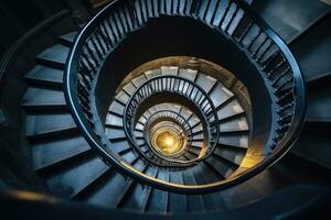 Spiral- Treppe im das Innere von ein alt Gebäude. modern die Architektur, Spiral- Treppe im das Kirche. kreisförmig Treppe von über. die Architektur Konzept, ai generiert foto