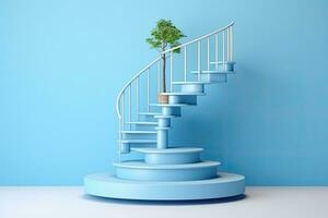 3d machen von Blau Treppe mit Baum im Topf, minimal Szene, Spiral- Treppe mit Sockel, Gewinner Podium auf Blau Hintergrund, 3d machen, ai generiert foto