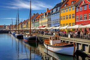 nyhavn ist einer von das die meisten Beliebt Tourist Ziele im Kopenhagen, Dänemark, Nyhavn, Kopenhagen, Dänemark, ai generiert foto