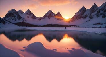 ein gefroren See gerahmt durch schneebedeckt Berge und ein lebendig. ai generativ foto