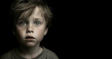 Porträt von ein traurig wenig Junge auf ein dunkel Hintergrund. schwarz und Weiß Bild. ai generiert foto