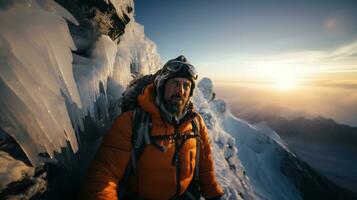 Wanderer steigen auf das extrem oben von ein Berg im das Winter beim Sonnenuntergang. foto