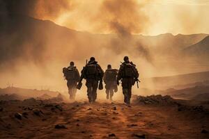 vereinigt Zustände von Amerika USA Heer Soldaten Gehen im das Wüste, Besondere Militär- Soldaten Gehen im ein rauchig Wüste, ai generiert foto