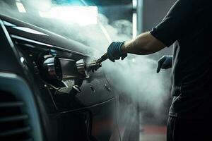 Auto Detaillierung Serie Arbeiter Polieren ein Auto mit hoch Druck Wasser, Dampf Reinigung von Auto Luft System, ai generiert foto