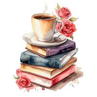 Aquarell Bücher Kaffee und Rosen auf Weiß Hintergrund foto