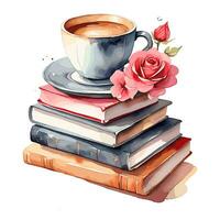 Aquarell Bücher Kaffee und Rosen auf Weiß Hintergrund foto