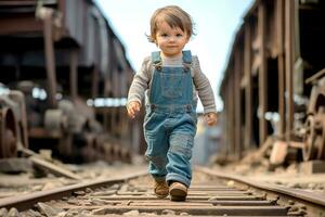wenig Junge Lernen zu gehen. süß wenig Junge, Gehen und spielen tragen Gartenarbeit Kleidung. generativ ai foto