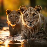 ein Schuss von Löwe Paar beim Sonnenaufgang im Krüger National Park Süd Afrika Spezies Panthera Löwe Familie von Felidae. generativ ai foto