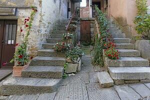 Bild von ein alt, Stein extern Treppe im ein mittelalterlich Stadt, Dorf foto