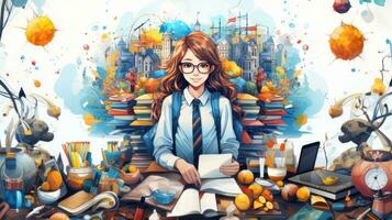 Porträt von ein ziemlich Schülerin Sitzung beim ihr Schreibtisch im Vorderseite von ein Mauer voll von Bücher. Arbeitsplatz und Schule liefert um ihr. foto