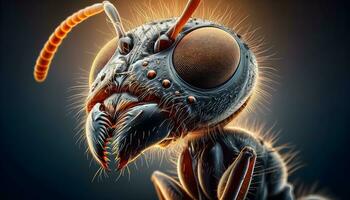 ai generiert extrem Makro von Ameisen Kopf, Tierwelt Hintergrund foto
