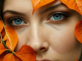 ai generativ Porträt von schön Frau mit Blau Augen hinter Orange Blätter, Hintergrund, Vorlage foto