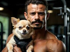 ai generativ Porträt von enorm gut aussehend männlich Bodybuilder halten winzig süß Weiß Chihuahua Hund, Fitnessstudio Hintergrund foto