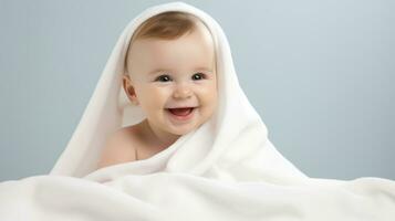 Porträt von ein süß Baby eingewickelt im ein Weiß Decke auf ein grau Hintergrund generativ ai foto