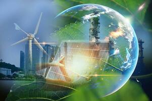 Konzept von schützen das Umfeld. verlängerbar Energie. nachhaltig Alternative Energie Quellen. Grün Energie Innovation, Grün Welt foto