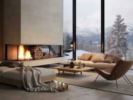 gemütlich modern Winter Leben Zimmer Innere mit Sofa und ein modern Kamin ai generativ foto