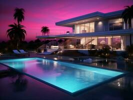 modern Luxus Zuhause beim Sonnenuntergang Nacht mit ein Schwimmen Schwimmbad ai generativ foto