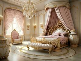 schön Prinzessin Schlafzimmer im das königlich Haus ai generativ foto