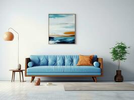Mitte Jahrhundert Stil Innere Leben Zimmer mit Blau Sofa gegen Weiß Mauer und Kunst Poster Rahmen ai generativ foto