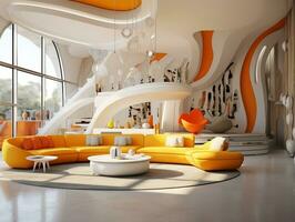 hoch Decken Innerhalb futuristisch retro Leben Zimmer mit Gelb und Weiß Möbel ai generativ foto