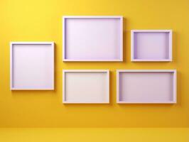 einstellen von leer Weiß Frames Attrappe, Lehrmodell, Simulation angezeigt auf ein Gelb Mauer ai generativ foto