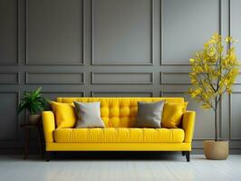 modern Leben Zimmer mit Gelb Sofa im Vorderseite von Gelb Mauer ai generativ foto