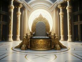 uralt 3d golden Thron auf ein Weiß Fußboden ai generativ foto