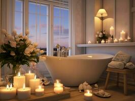 modern Badezimmer mit Kerzen im das Mitte und Weiß Dekorationen ai generativ foto