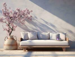 3d gerendert modern Leben Zimmer Szene zeigen ein Sofa und ein hölzern Pflanzer ai generativ foto