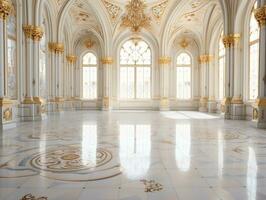 luxuriös Weiß Marmor Fußboden von ein Palast mit schön Gold Ornamente ai generativ foto