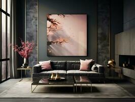 modern schön Leben Zimmer mit Sofa im schwarz und Gold Stil ai generativ foto