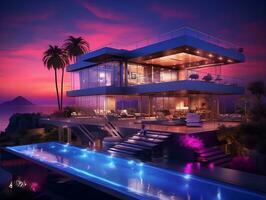modern Luxus Zuhause beim Sonnenuntergang Nacht mit ein Schwimmen Schwimmbad ai generativ foto