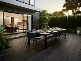 modern Terrasse mit groß Essen Tabelle und hölzern Fußboden im Vorderseite von Haus ai generativ foto
