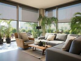 ai generiert Innere Leben Zimmer mit Sofas und Palme Bäume ai generativ foto