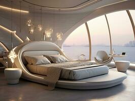 ai generiert futuristisch modern Luxus Schlafzimmer mit sehr modern Möbel ai generativ foto