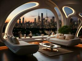 ai generiert futuristisch Horizont Zuhause Dekor mit Fußboden zu Decke Fenster und Stadtbild Ansichten ai generativ foto