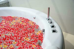 Luxus Badewanne mit bunt Blume im Wasser mit Meer Aussicht foto
