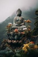 generativ ai, Buddha Statue im das Berge, mit Lotus Blumen, natürlich Beleuchtung, natürlich Umgebung foto