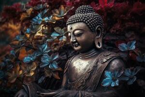 generativ ai, abstrakt lebensecht Buddha Statue, Blumen, Magie Beleuchtung, schön metallisch und Stein Farben, natürlich Beleuchtung, natürlich Umgebung foto