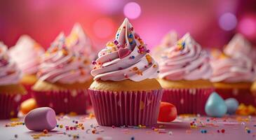 generativ ai, verschiedene bunt Cupcakes mit Eis Sahne verstreut Über ein bunt Hintergrund, Rosa und Gold, Rosa und Magenta foto