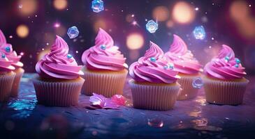 generativ ai, bunt Cupcakes mit ein Rosa Glasur mit prickelnd Konfetti fallen hinter foto