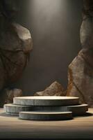 generativ ai, ein Felsen oder Stein Podium Natur Sockel Bühne Produkt Anzeige Hintergrund, leeren Anzeige Ausstellungsraum foto