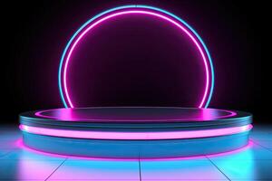 generativ ai, Metall Beleuchtung Neon- Podium Cyberpunk unwirklich Stadt Rosa Blau Neon- Laser Bühne Produkt Anzeige Hintergrund, 3d Illustration leeren Anzeige Ausstellungsraum foto