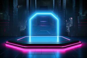 generativ ai, Metall Beleuchtung Neon- Podium Cyberpunk unwirklich Stadt Rosa Blau Neon- Laser Bühne Produkt Anzeige Hintergrund, 3d Illustration leeren Anzeige Ausstellungsraum foto