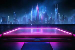 generativ ai, Metall Beleuchtung Neon- Podium Cyberpunk unwirklich Stadt Rosa Blau Neon- Laser Bühne Produkt Anzeige Hintergrund, 3d Illustration leeren Anzeige Ausstellungsraum foto