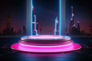 generativ ai, Metall Beleuchtung Neon- Podium Cyberpunk unwirklich Stadt Rosa Blau Neon- Laser Bühne Produkt Anzeige Hintergrund, 3d Illustration leeren Anzeige Ausstellungsraum foto