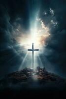 generativ ai, heilig Kreuz symbolisieren das Tod und Auferstehung von Jesus Christus mit das Himmel Über Golgatha Hügel ist verhüllt im Licht und Wolken foto