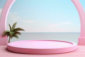 generativ ai, 3d Anzeige Podium Pastell, auf Palme Strand abstrakt Hintergrund. Frühling und Sommer, Natur minimal Sockel. foto